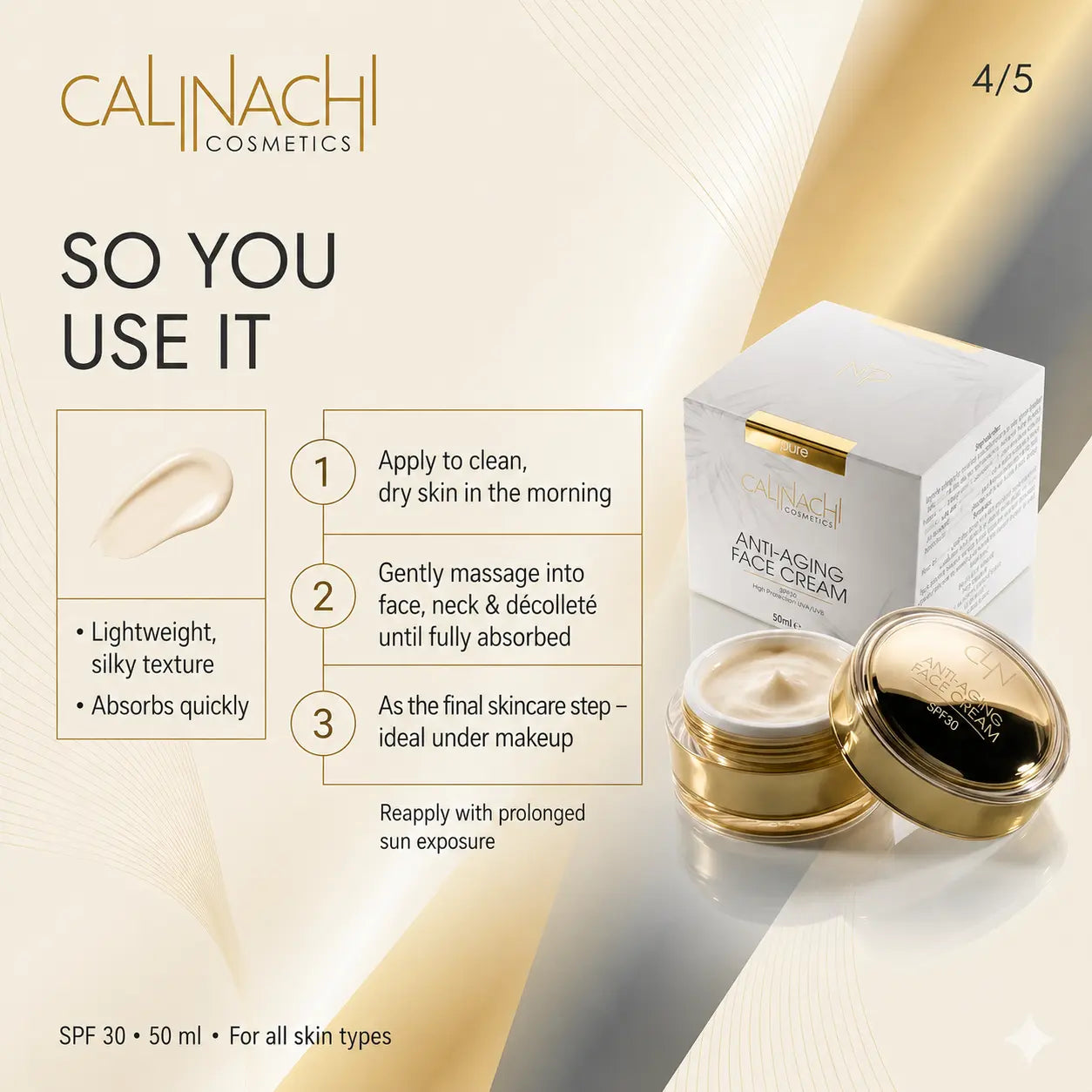 Anti-aging Day Face Cream for Face, Neck, and Décolletage, SPF30, 50ml. skincare CALINACHI Cosmetics