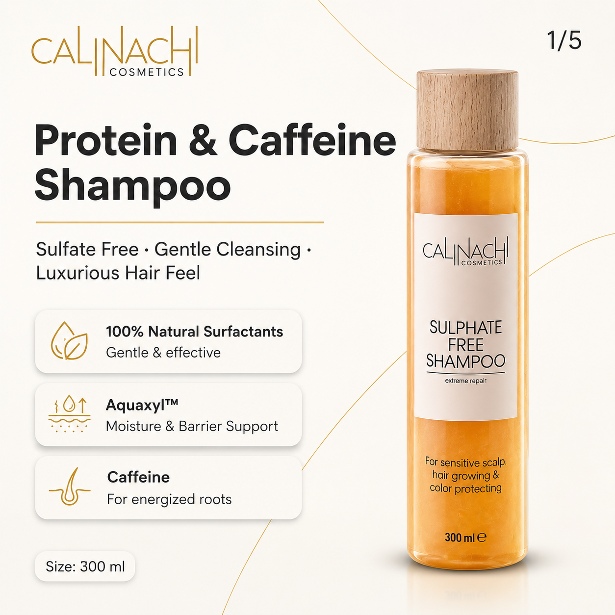 Protein &amp; Caffeine Scalp and Hair Shampoo, Sulfate-free, 300ml. haircare CALINACHI Cosmetics