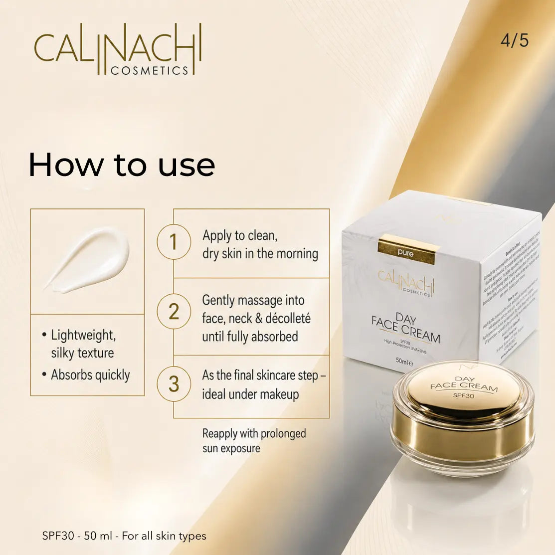 Hydrating Day Cream for Face, Neck, and Décolletage, SPF30, 50ml. skincare CALINACHI Cosmetics