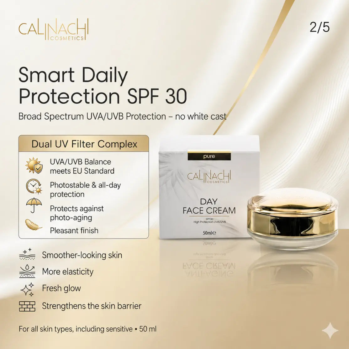 Hydrating Day Cream for Face, Neck, and Décolletage, SPF30, 50ml. skincare CALINACHI Cosmetics