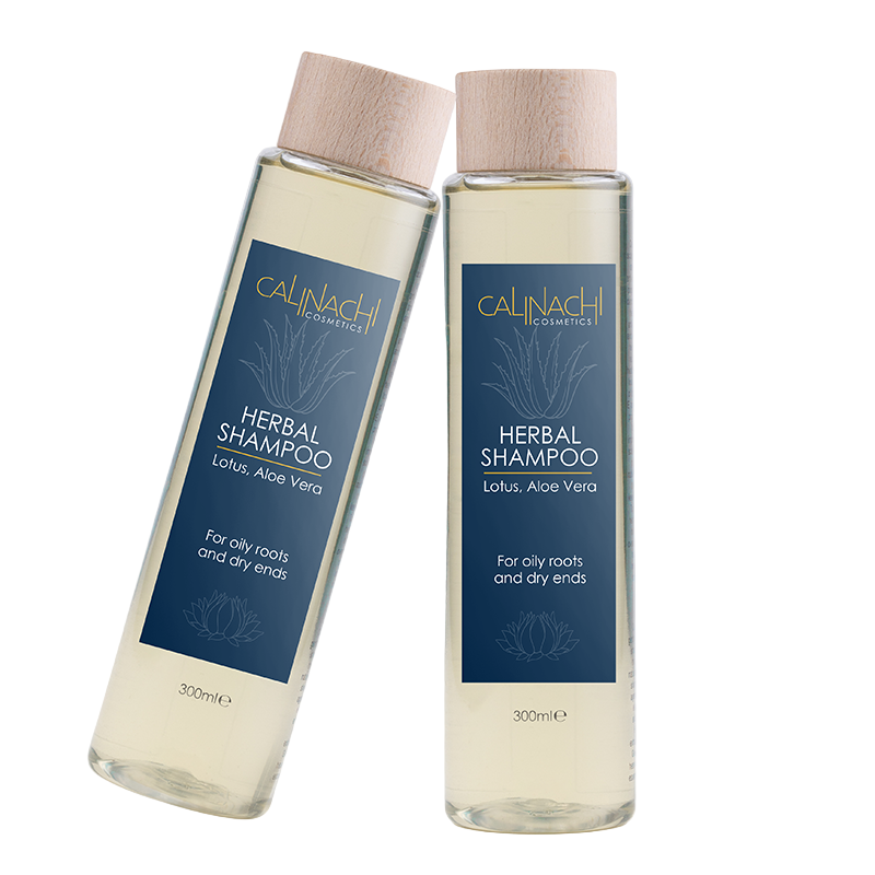Two bottles of Calinachi Herbal Shampoo on a white background